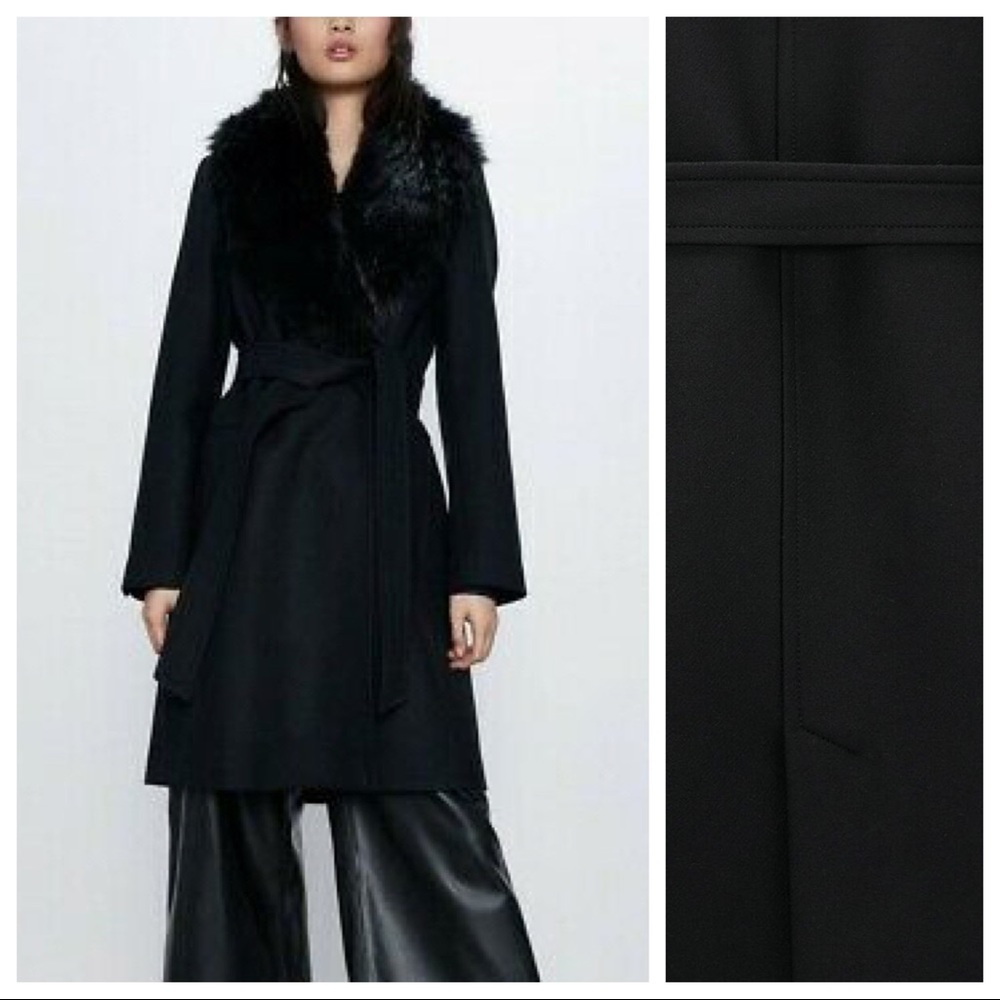 Zara Black Coat with Faux Fur Collar - Picture 2 of 11